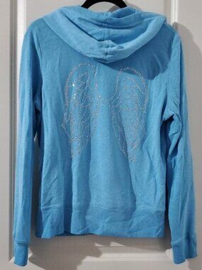 Blue Victoria's Secret Zip Up Hoodie with Rhinestone Angel Wings